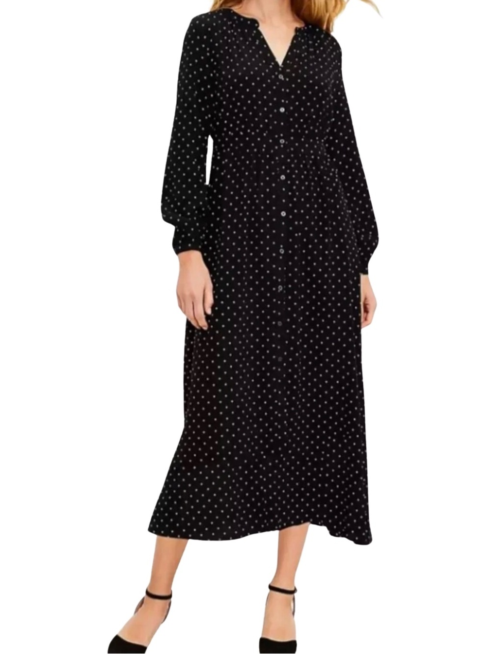 LOFT Polka Dot Long Sleeve Midi Shirtdress - 2 - Black, White